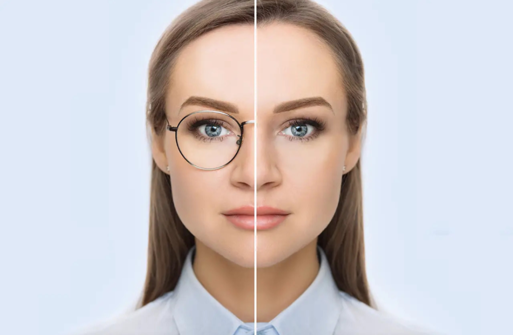 A girl showing a comparison of wearing glasses and the clear vision after LASIK surgery, highlighting the benefits of vision correction through LASIK.