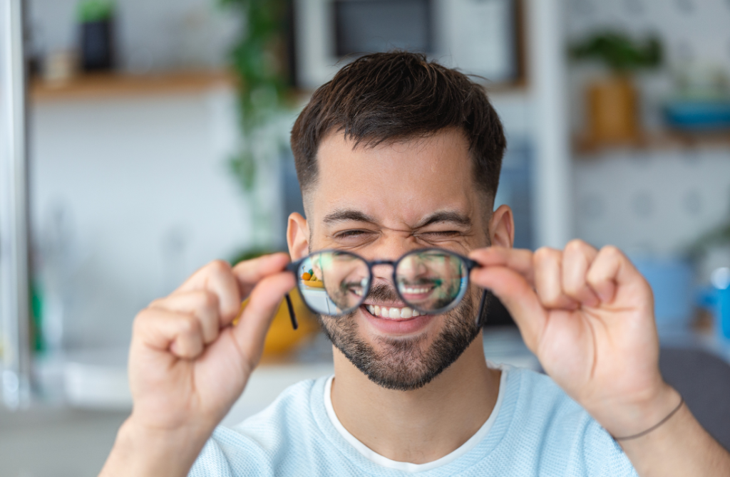 A man holding his glasses, symbolizing the signs of vision problems that may indicate the need for LASIK eye surgery.