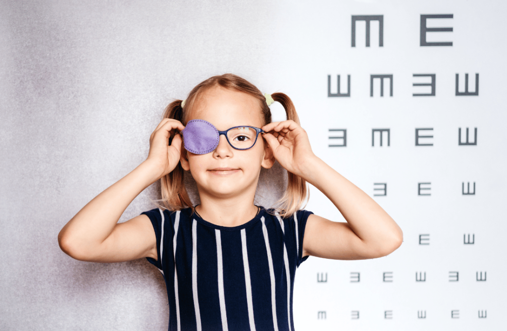 Close-up of a girl with amblyopia, illustrating reduced vision in one eye despite corrective measures.